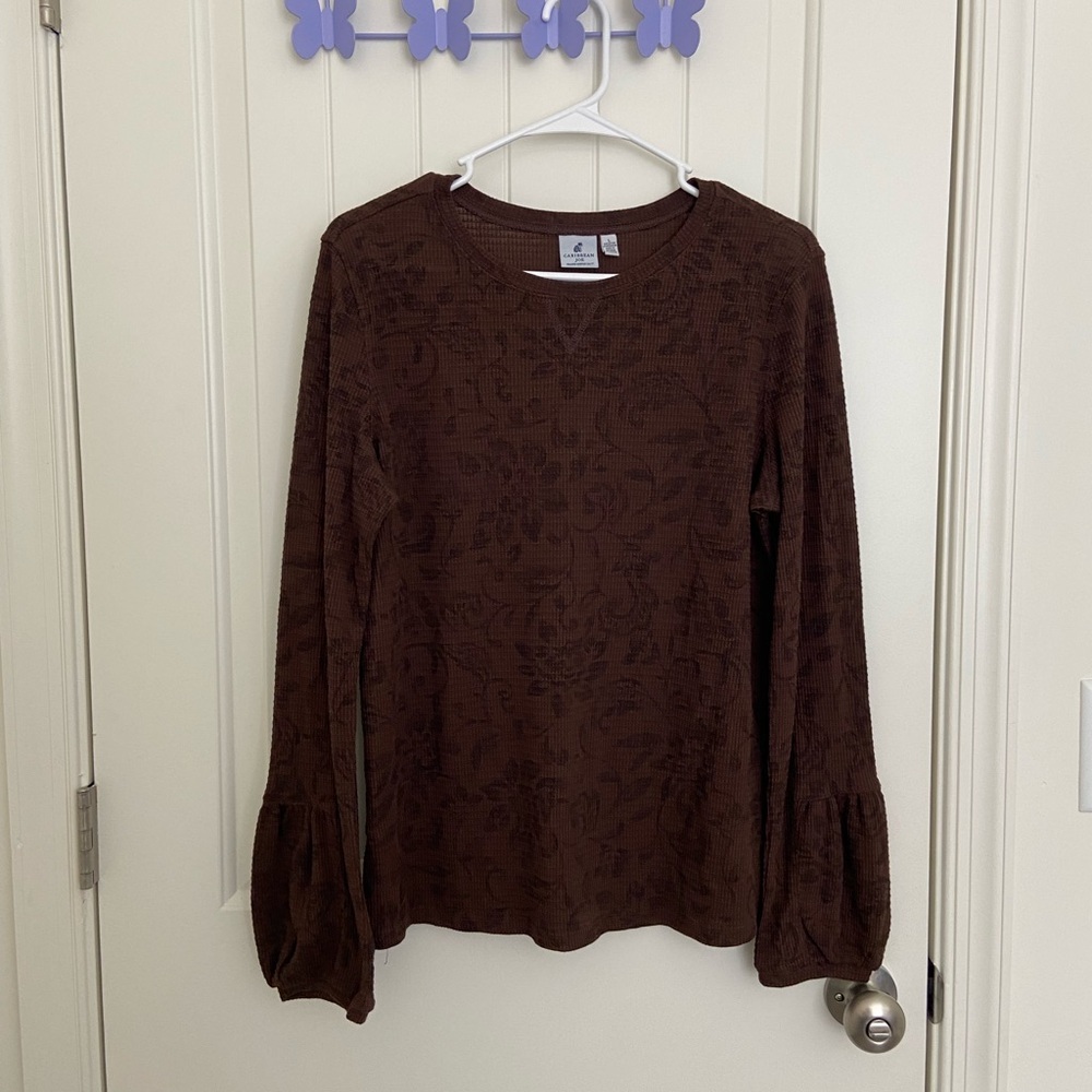 EUC |‎ Caribbean Joe women’s floral waffle knit puff sleeve brown shirt large